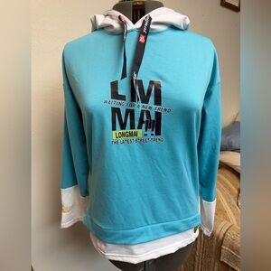 🔥 Longmai / YESESANKU Streetwear Hoodie – Teal & White – Urban Trend Style 🔥